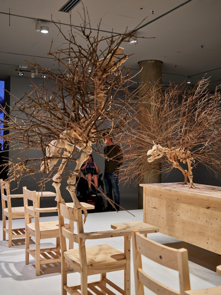 A group of wooden chairs sitting next to each other