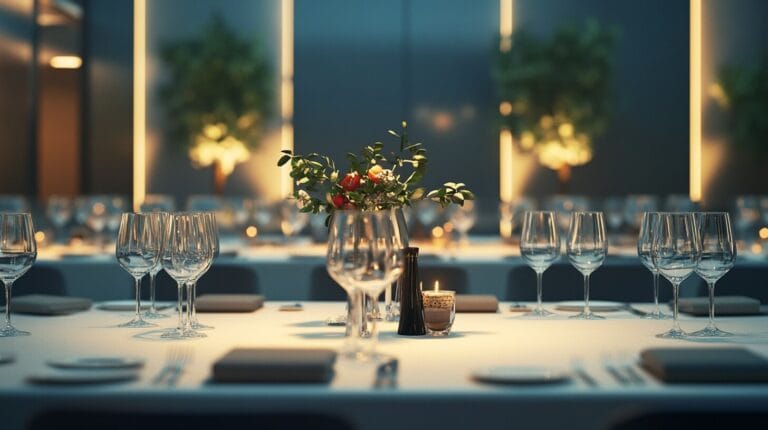 Elegant event table setting with wine glasses and centerpiece, prepared for intimate client networking and relationship building experiences