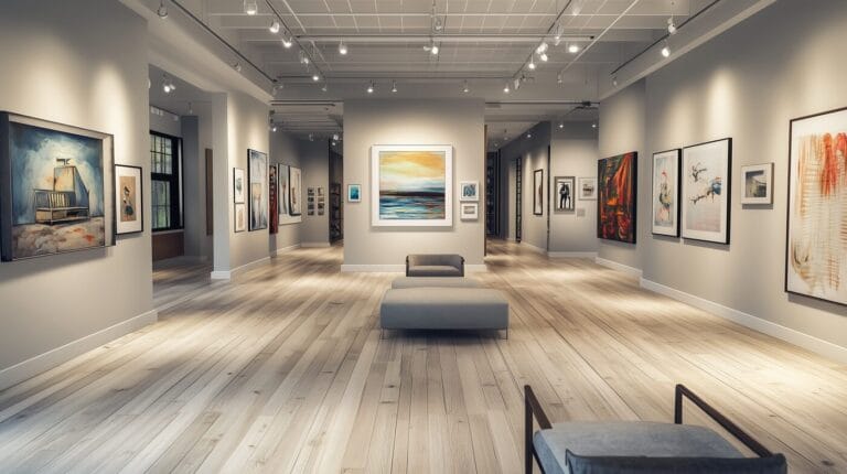 Modern art gallery interior with professional track lighting, diverse contemporary artworks on white walls, and strategic layout designed to optimize art sales