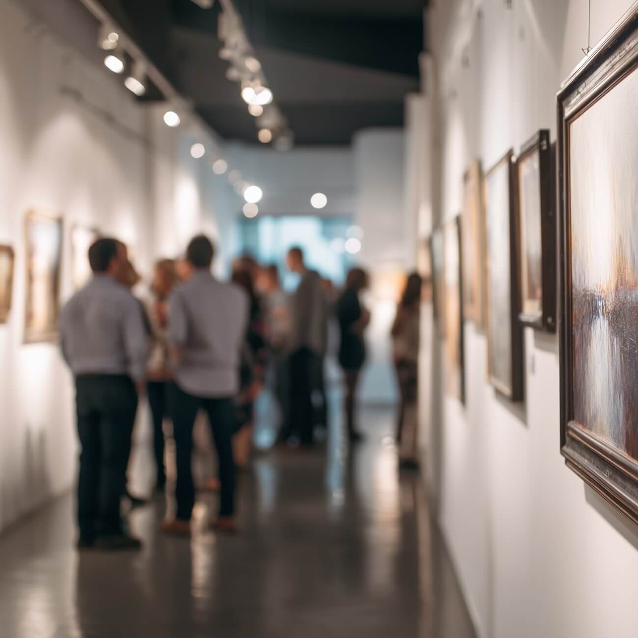 Art gallery opening night with collectors viewing contemporary paintings