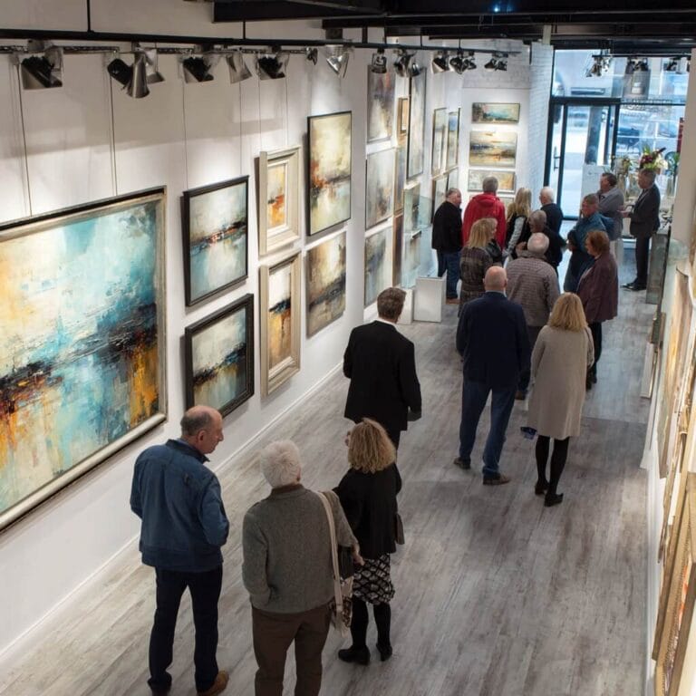 Contemporary art gallery interior with professional artwork displays and optimal lighting creating an engaging environment for art sales conversion and collector acquisition
