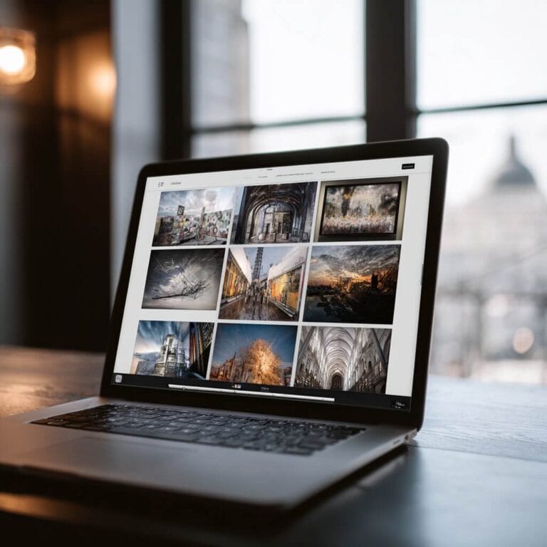 Professional art gallery website design displayed on laptop featuring contemporary artwork photography and sophisticated layout for online art sales