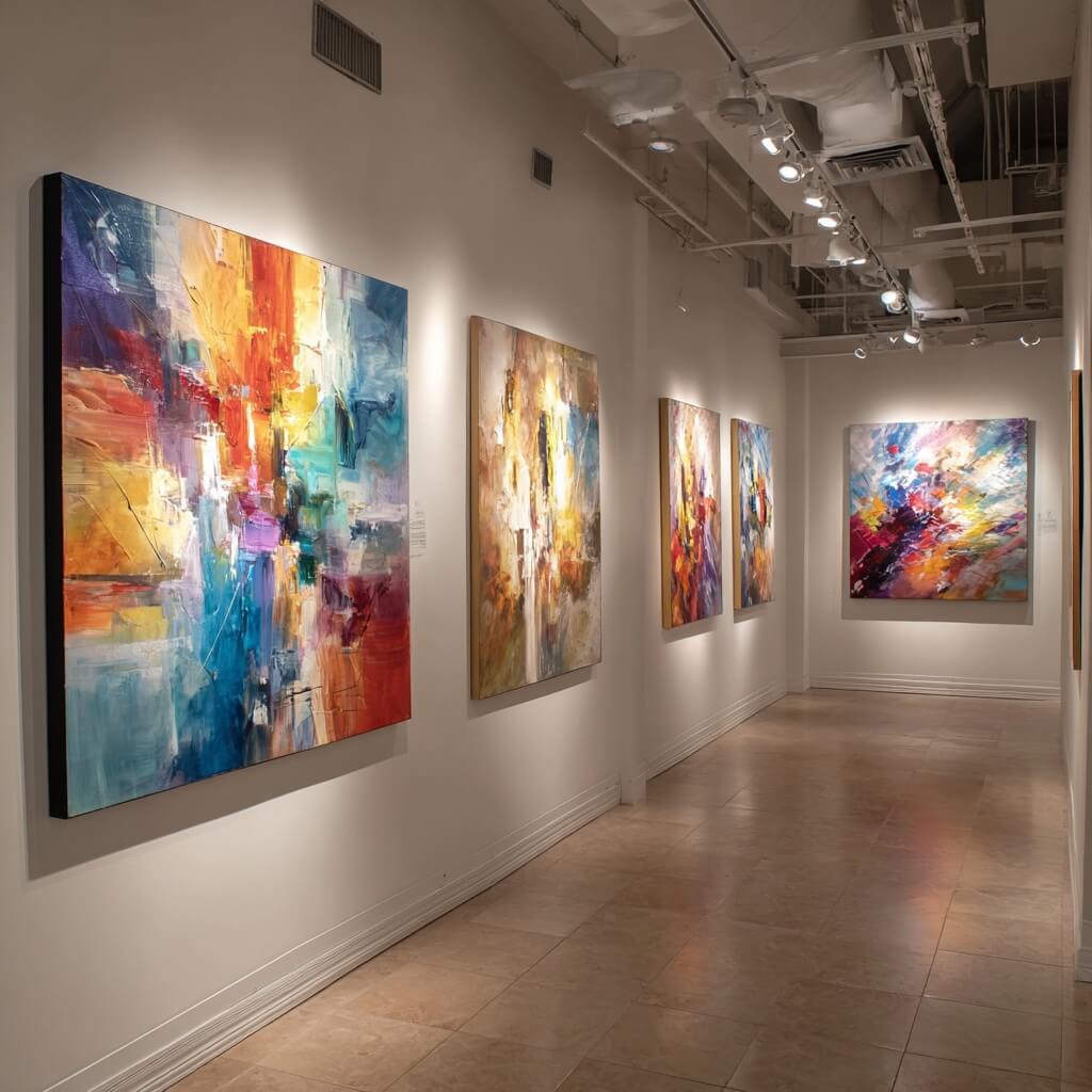 Contemporary abstract paintings professionally displayed in gallery setting showcasing successful artist marketing and promotion strategies