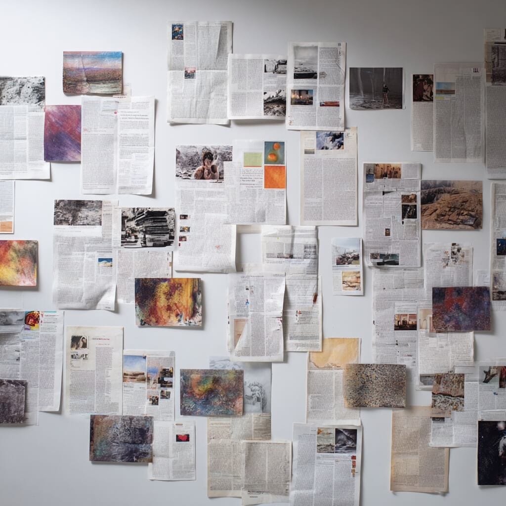 Art gallery media coverage including magazine reviews, newspaper articles, and press clippings showcasing successful fine arts PR and publicity campaigns