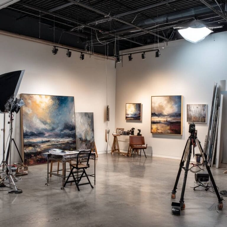 Professional artwork photography setup for gallery websites featuring contemporary paintings and sculptures with professional lighting and photography equipment