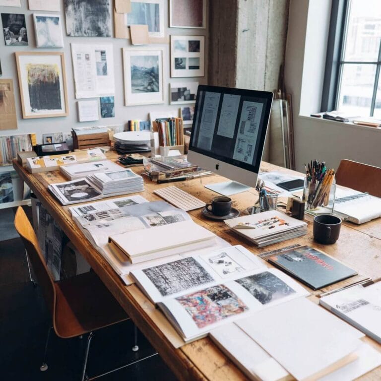 Gallery website development planning workspace with design wireframes, branding materials, and strategic planning documents for custom gallery web solutions